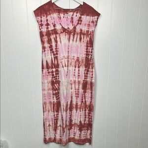 Universal Thread Womens Dress M White Pink Brown Tie Dye Pullover Maxi VNeck EUC